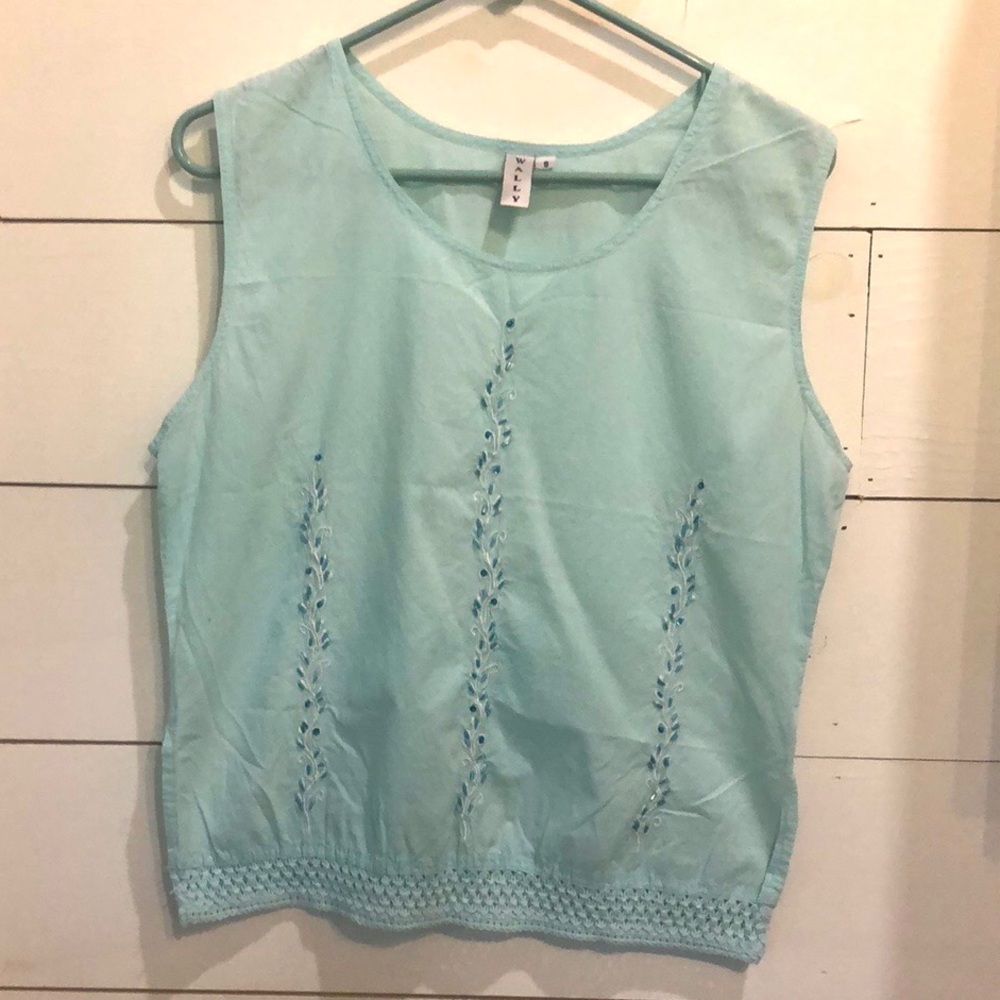 Wally Sleeveless Aqua Blue Top with Light Blue Beading Embroidery & Crochet Trim